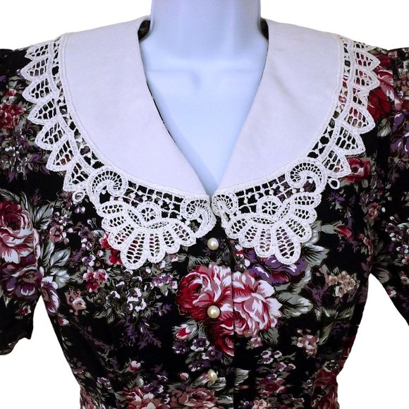 80's Brandywine Creek Dark Floral Prairie Dress Granny Lace Collar 9/10 Puffy SS - Picture 5 of 12